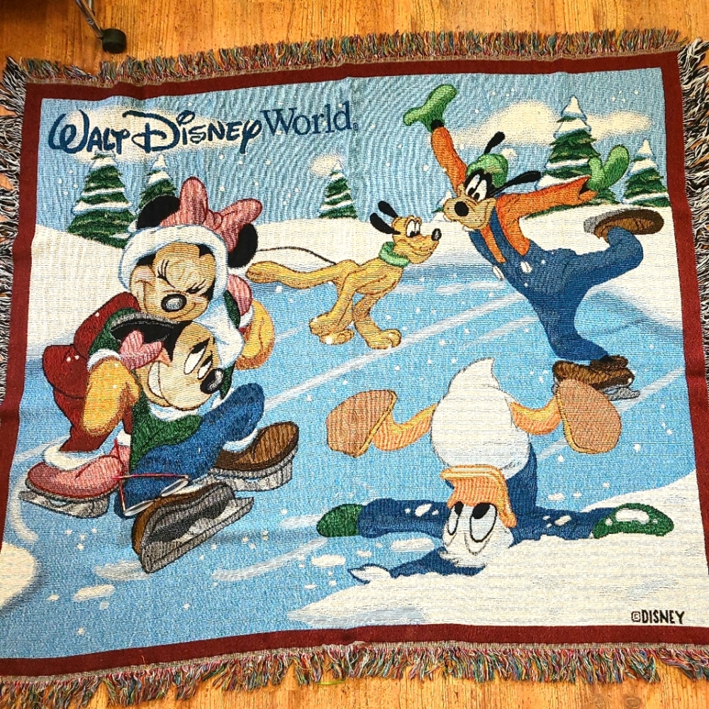 Vintage Walt Disney World Mickey and Friend Ice Skating Tapestry Throw